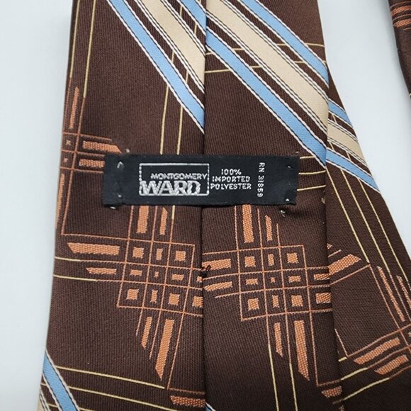 Montgomery Ward Necktie Stripe Geometric Brown Blue 4.25" W 56.5" L VTG Retro - Picture 5 of 5